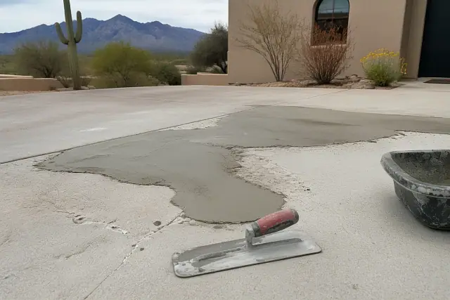 A contractor troweling bonding compound to repair a pitted concrete driveway in Tucson, AZ with desert mountains behind.