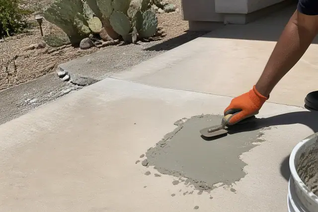 A contractor uses a trowel to apply bonding compound to repair damaged concrete flooring in Green Valley, AZ.