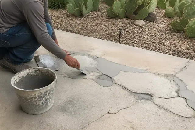 Contractor repairing pitted concrete flooring with patching compound in Casas Adobes, AZ.