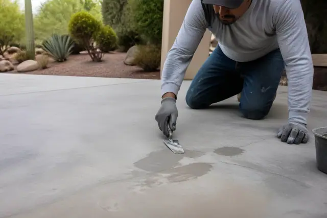 Contractor troweling a bonding compound to repair pitted concrete flooring in a Vail, AZ residential yard.