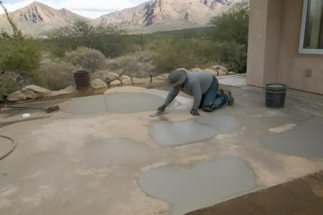Technician troweling bonding compound to repair pitted areas of a residential patio in Tanque Verde, AZ.