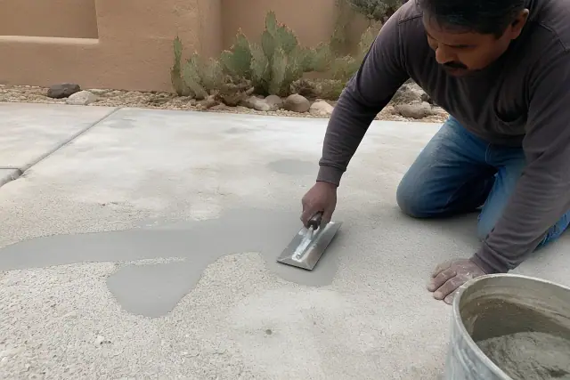 Worker using a steel trowel to apply bonding compound to pitted concrete in Sahuarita, AZ.