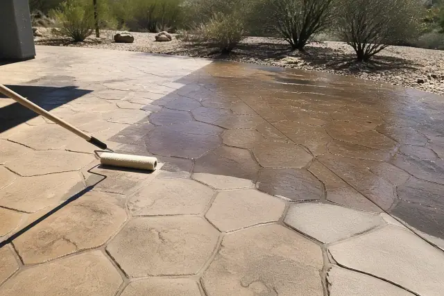 Roller applying clear concrete sealer to a stamped patio in Tucson, AZ, with desert plants and rocky soil in the background.