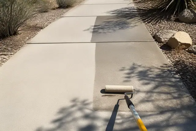 Contractor applying clear concrete sealer with a roller brush to a residential sidewalk in Tucson, AZ.