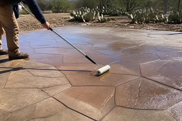 A roller applies a glossy sealer to stamped concrete in Tucson, AZ, with prickly pear cactus in the background.