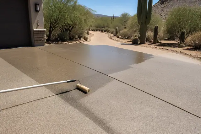 A roller brush applying transparent concrete sealer to a driveway in Catalina Foothills, AZ.