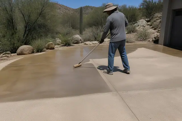 A contractor applying clear concrete sealer to a residential driveway in Tanque Verde, AZ, with desert surroundings.