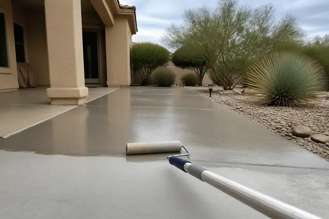 Roller brush applying clear concrete sealer to a surface in Flowing Wells, AZ, with desert homes in the background.