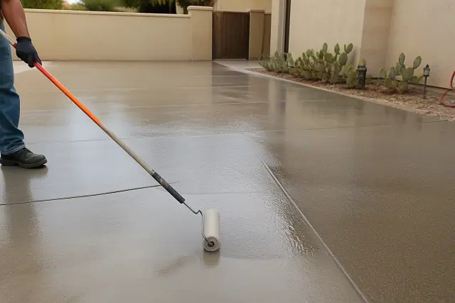 Applying transparent sealer to a concrete driveway in Casas Adobes, AZ, near prickly pear cacti and stucco homes.