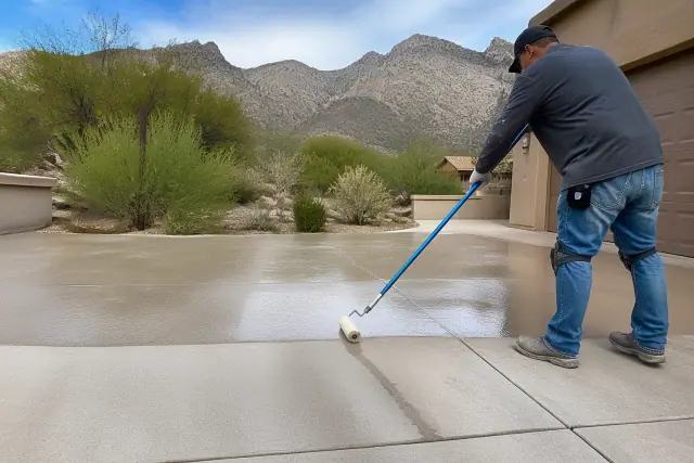 Contractor applying transparent concrete sealer to a residential driveway in Oro Valley, AZ, with mountain views.