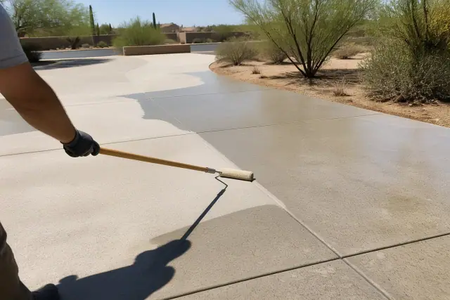 Contractor applying a clear protective sealer to a concrete surface in Drexel Heights, AZ under bright desert sun.