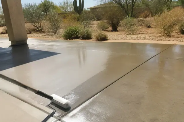 A contractor applies a transparent concrete sealer with a roller on a jobsite in Sahuarita, AZ.