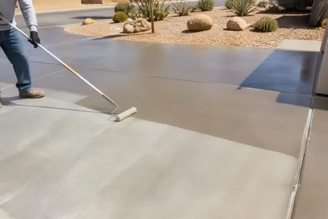 A contractor uses a roller to apply clear sealant to a concrete surface at a residential property in Tucson, AZ.