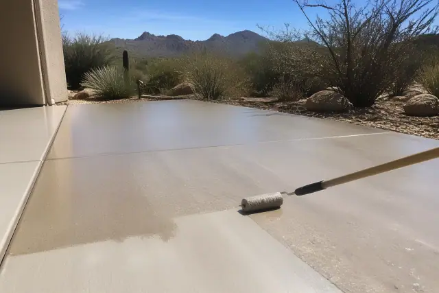 A roller brush applies a clear protective sealer to a concrete surface at a jobsite in Marana, AZ.