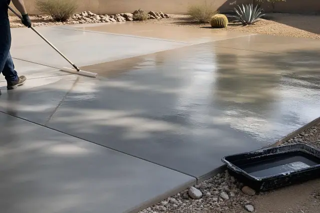 Concrete sealing process with a wet-look finish on a jobsite in Vail, AZ, surrounded by desert landscape.
