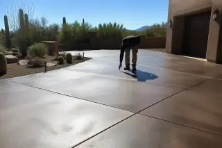 Technician inspecting a clean, sealed concrete driveway beside saguaros and stucco walls in Tucson, AZ.