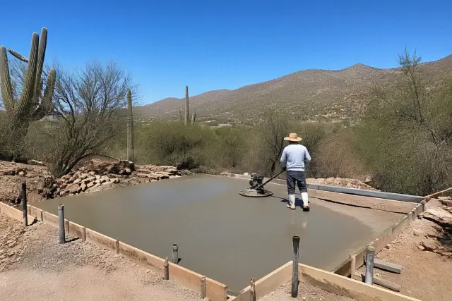 A worker uses a power trowel to smooth wet concrete inside wooden forms at a job site in Tucson, AZ.
