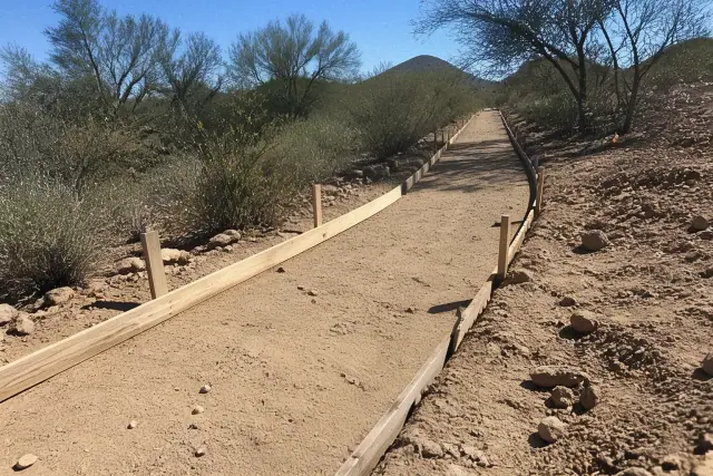 Wooden forms and stakes set up for a new concrete walkway at a job site in Tanque Verde, AZ.