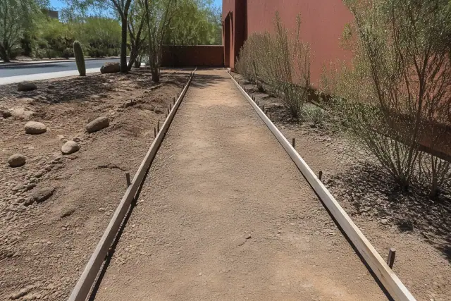 Wooden forms for a new concrete sidewalk at a job site in Casas Adobes, AZ, surrounded by desert scrub.