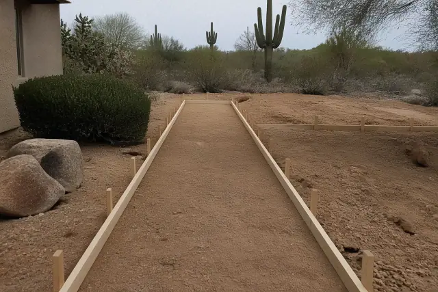 Wooden formwork for a new concrete sidewalk under construction in an arid desert landscape in Oro Valley, AZ.