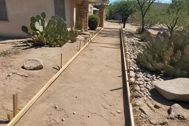Concrete sidewalk forms with wooden stakes and prickly pear cactus landscaping in Tucson, AZ.