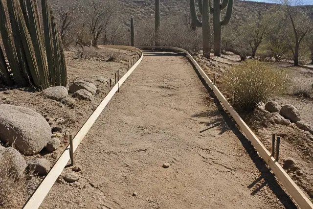 Wooden sidewalk forms secured by metal stakes on a desert construction site in Catalina Foothills, AZ.