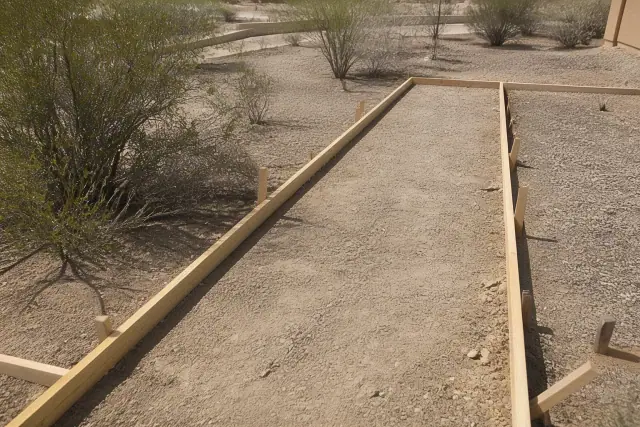 Wooden sidewalk forms secured with stakes along a path in a desert landscape in Flowing Wells, AZ.