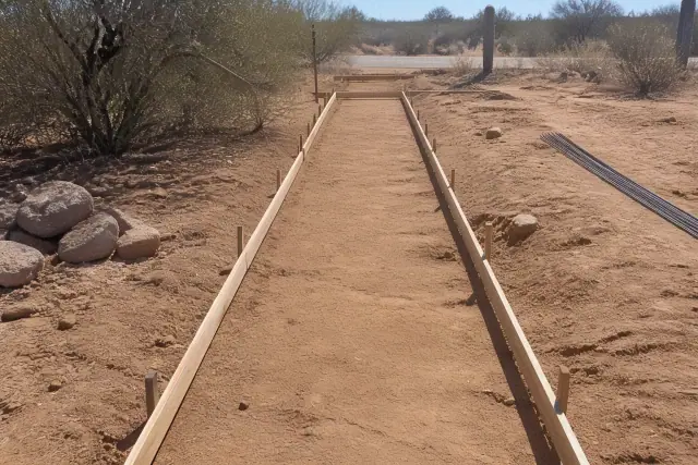 Wooden sidewalk forms secured with stakes at a residential construction site in Sahuarita, AZ.