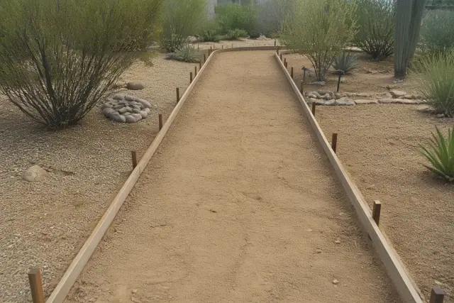 Wooden sidewalk forms set up for a new concrete path in Vail, AZ, surrounded by Sonoran desert landscaping.