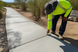 Worker inspecting the finished edge of a new concrete walkway in a Tucson, AZ desert landscape.