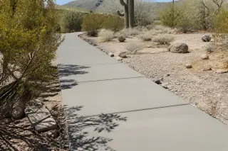 Finished concrete walkway with expansion joints and saguaro cacti in a Tucson, AZ residential desert landscape.