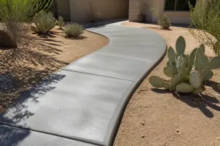 Finished gray concrete walkway with prickly pear cacti in a residential landscape in Tucson, AZ.