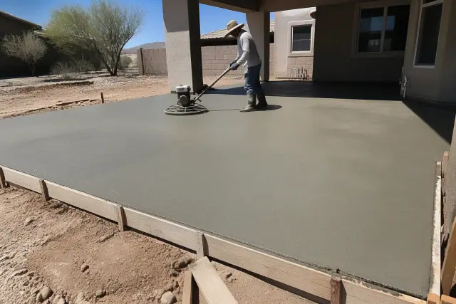 A textured concrete slab framed by wooden forms at a residential job site in Sahuarita, AZ.