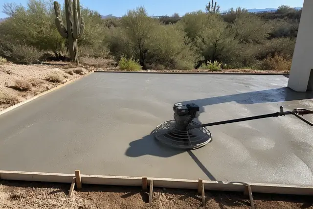 Worker using a power trowel to smooth a wet concrete slab within wooden forms at a job site in Marana, AZ.