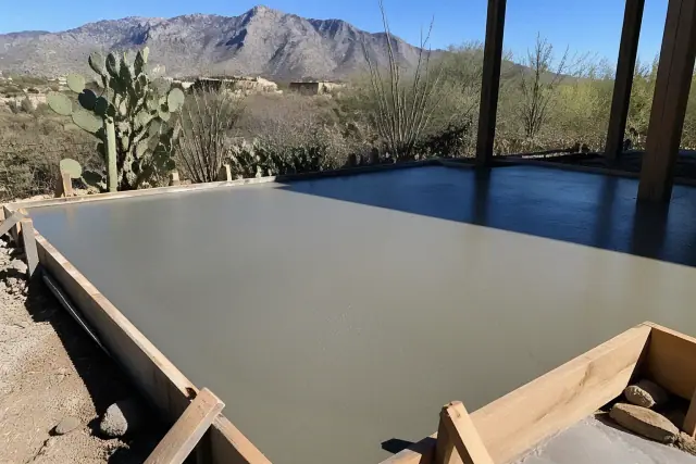 Wet concrete slab in wooden frames with a desert mountain backdrop in Catalina Foothills, AZ.