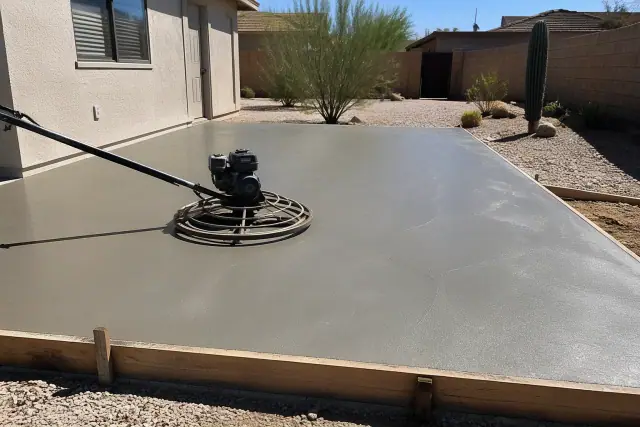 Worker using a power trowel to smooth a fresh concrete slab in a residential yard in Drexel Heights, AZ.