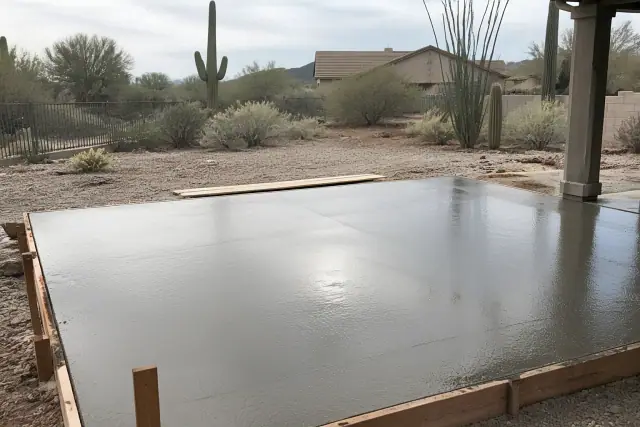 Fresh wet concrete slab pour inside wooden formwork in a desert yard with Saguaro cacti in Tanque Verde, AZ.