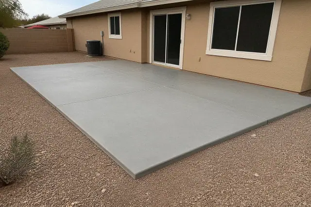 Completed concrete patio slab with broom texture and control joints at a home in Casas Adobes, AZ.