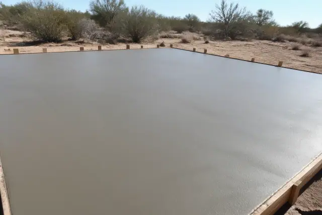 A newly poured, smooth concrete slab inside wooden frames at a job site in Flowing Wells, AZ, with desert soil nearby.
