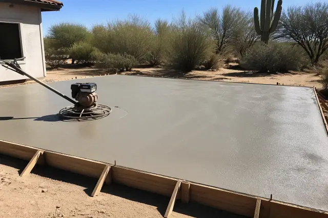 Freshly poured concrete slab inside wooden frames at a jobsite in Tucson, AZ.
