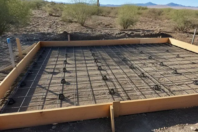 Steel wire reinforcement grid on spacers inside a wooden frame for a concrete slab project in Vail, AZ.