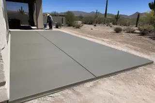 Technician cleaning tools near a finished concrete patio slab in a Tucson, AZ desert landscape.