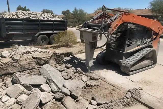 Heavy machinery breaking up a concrete slab for removal at a jobsite in Tucson, AZ.