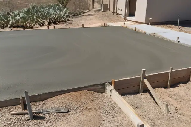 Freshly poured concrete slabs in wooden frames with prickly pear cacti in a Tucson, AZ backyard.