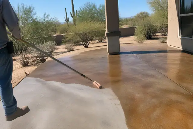 Concrete staining progress on a residential patio with a saguaro cactus in the background in Tucson, AZ.