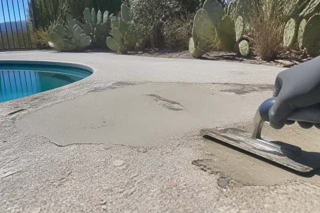 Contractor applying bonding compound to patch a worn pool deck surface in Tucson, AZ with desert landscaping.