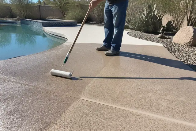 A technician applying a protective coating to a textured concrete pool deck in Tucson, AZ, with desert cacti in the