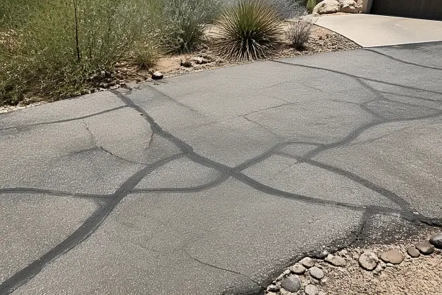 Crack-fill material applied to fissures on a residential driveway in Tucson, AZ.