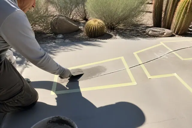 Contractor repairing cracks and joints with bonding compound on a worksite in Tucson, AZ.