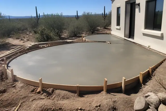 Wooden perimeter forms and a freshly smoothed concrete patio under bright desert sunlight in Tucson, AZ.